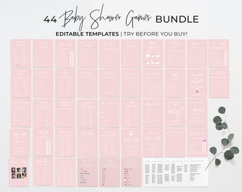 44 Printable Baby Shower Games, Baby Shower Game Bundle, Printable Baby Party Games | EDITABLE TEMPLATE #035 Blush Minimalist