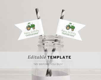 Minimalist Green Tractor Straw Flag Cupcake Topper Printable | EDITABLE TEMPLATE #058