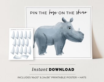 Pin the Horn on the Rhino Kids Party Game Printable Poster, Birthday Party Game, INSTANT DOWNLOAD