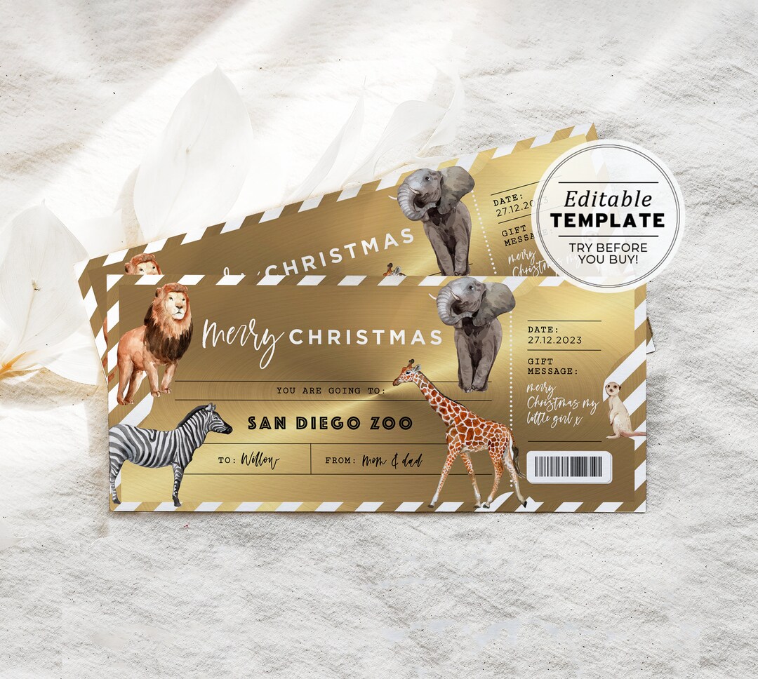 Printable Zoo Ticket Christmas Gift Voucher Zoo Ticket Gift Etsy