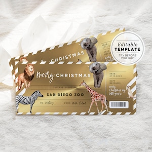Printable Zoo Ticket Christmas Gift Voucher, Zoo Ticket Gift Certificate, Zoo Christmas Gift Coupon | EDITABLE TEMPLATE #082 #094