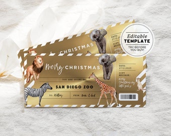 Printable Zoo Ticket Christmas Gift Voucher, Zoo Ticket Gift Certificate, Zoo Christmas Gift Coupon | EDITABLE TEMPLATE #082 #094