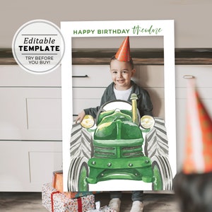 Green Tractor Photo Prop Frame Template, Farm Birthday Party Photo Prop, Printable Selfie Frame, Photo Booth Prop | EDITABLE TEMPLATE #058