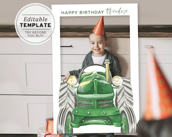 Green Tractor Photo Prop Frame Template, Farm Birthday Party Photo Prop, Printable Selfie Frame, Photo Booth Prop | EDITABLE TEMPLATE #058