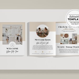 May include: A welcome guide for a rental property with a beige and white color scheme. The guide includes information about the hosts, check-in and check-out procedures, security, and damage deposit. The guide also features a photo of the kitchen and a photo of the hosts with their dogs.