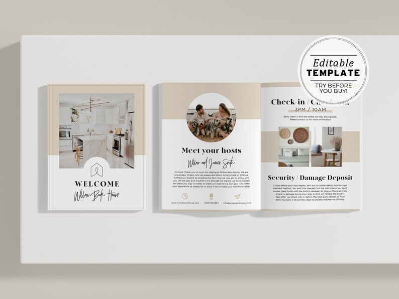May include: A welcome guide for a rental property with a beige and white color scheme. The guide includes information about the hosts, check-in and check-out procedures, security, and damage deposit. The guide also features a photo of the kitchen and a photo of the hosts with their dogs.