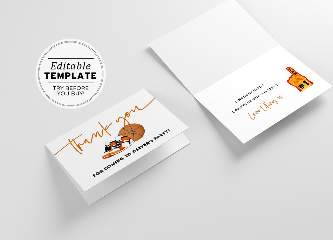 Minimalist Basketball Theme Thank You Card, Printable | EDITABLE ...