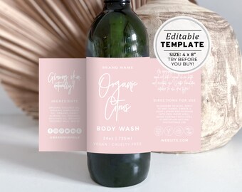 Blush Minimalist Custom 24oz Bottle Wrap Around Label 725ml 4x8" | EDITABLE TEMPLATE #051 #043