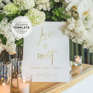Juliette Gold Minimalist Wedding Dessert Table Love is Sweet Sign, Printable EDITABLE TEMPLATE #017