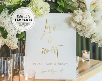 Juliette Gold Minimalist Wedding Dessert Table Love is Sweet Sign, Printable EDITABLE TEMPLATE #017