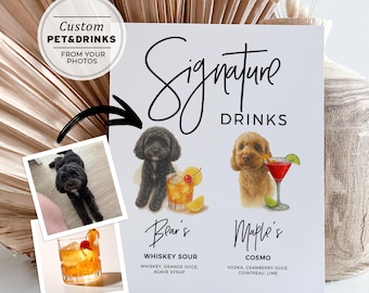 Custom Wedding Dog Signature Drink Sign, Your Real Dogs and Cocktails in Watercolour, Personalised from Photos, Digital Download #004 Juliet