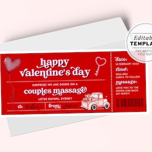 Modèle de billet cadeau imprimable pour la Saint-Valentin, chèque-cadeau de massage pour couple, coupon pour la Saint-Valentin | MODÈLE MODIFIABLE #082
