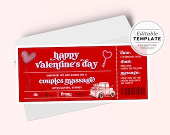 Printable Valentine's Day Gift Ticket Template, Couple's Massage Gift Voucher, Valentines Day Coupon | EDITABLE TEMPLATE #082