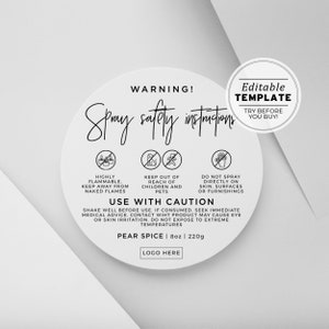 Minimalist Room Spray Warning Label Template, Printable Spray Safety Sticker, Sizes: 1.5" / 2" / 3" | EDITABLE TEMPLATE #050 #043 Juliette