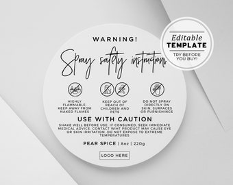 Minimalist Room Spray Warning Label Template, Printable Spray Safety Sticker, Sizes: 1.5" / 2" / 3" | EDITABLE TEMPLATE #050 #043 Juliette