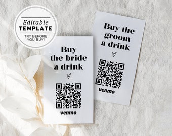 Buy the Bride a Drink, Buy the Groom a Drink Venmo Card, Paypal, QR Code, Cash App Card Template | EDITABLE TEMPLATE Mr White #001