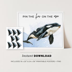 May include: Printable game for a kids' party.  The game is called "Pin the fin on the orca".  The game includes two printable posters, one 16 x 20 inches and one 24 x 36 inches, and a sheet of orca fins to cut out.