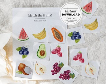 Match the Fruits Toddler Activity Printable, Montessori Educational Game, Birthday Party Game, INSTANT DOWNLOAD