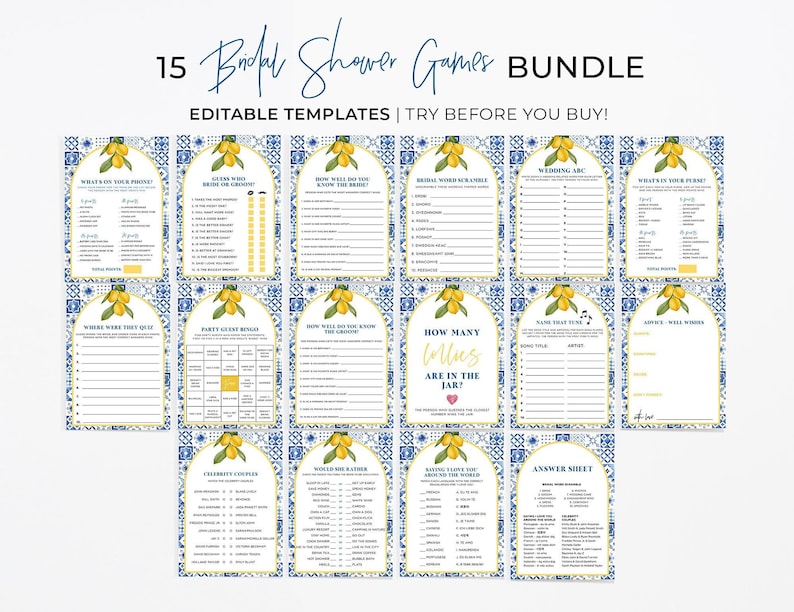 Bridal Shower Games Bundle, Set of 15 Bachelorette Games, Digital Download, Printable Editable Template #090 Amalfi Mediterranean image 4