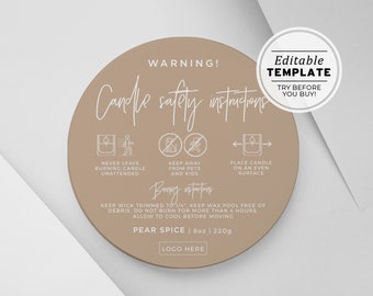 Candle Warning Label Template, Printable Candle Safety Sticker, Sizes: 1.5" / 2" / 3" | EDITABLE TEMPLATE  #052 #043 Nue Minimalist