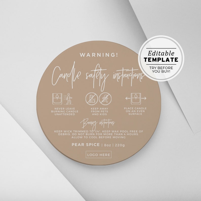 Candle Warning Label Template, Printable Candle Safety Sticker, Sizes: 1.5" / 2" / 3" | EDITABLE TEMPLATE #052 #043 Nue Minimalist image 1
