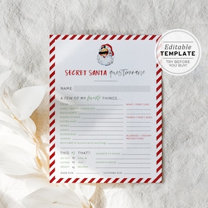 Christmas Secret Santa Questionnaire Invitation, Gift Exchange Form, Gift Ideas List, Secret Santa Questions | EDITABLE TEMPLATE #091