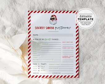 Christmas Secret Santa Questionnaire Invitation, Gift Exchange Form, Gift Ideas List, Secret Santa Questions | EDITABLE TEMPLATE #091