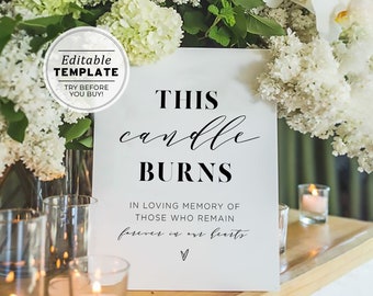 Mr White Minimalist This Candle Burns Memorial Sign, In Loving Memory Table Sign, Printable | EDITABLE TEMPLATE #001