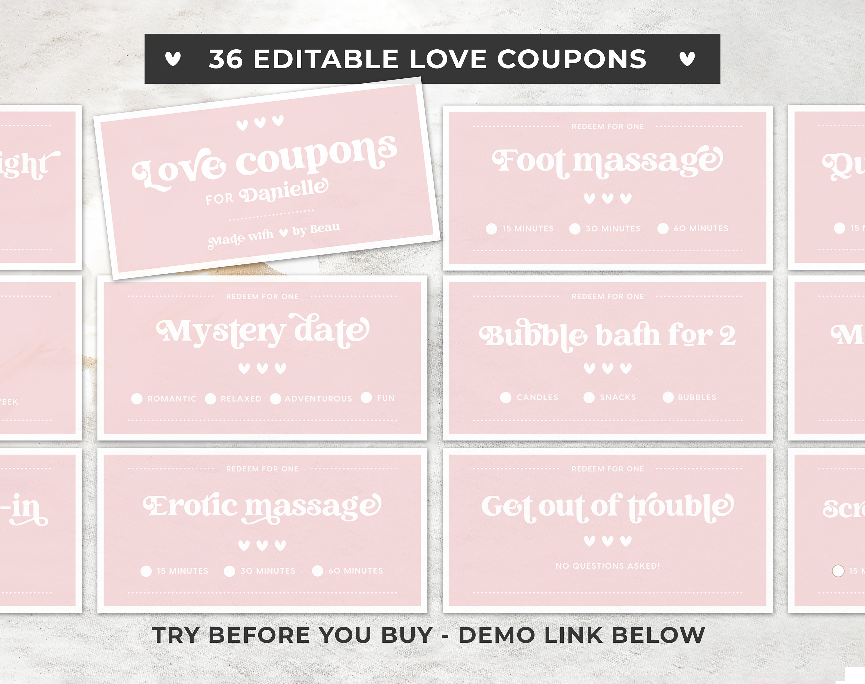 Blush Minimalist Printable Love Coupons, Romantic Coupons