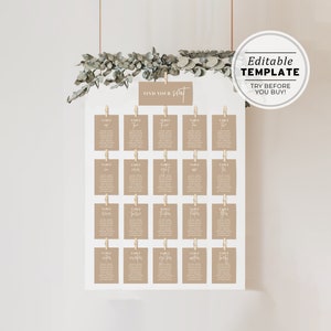 May include: A seating chart with twenty table assignments, each on a tan card, clipped to a white board. The cards are arranged in a grid, with the words "FIND YOUR seat" at the top. The image includes the text "Editable TEMPLATE TRY BEFORE YOU BUY!"