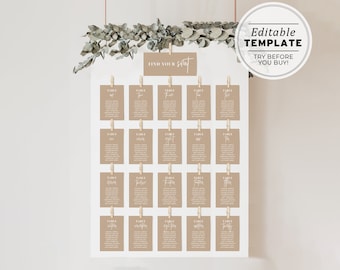 Nue Minimalist Wedding Seating Chart Template, Hanging Table List, Wedding Seating Sign, Printable, Editable Template #038