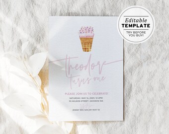 Minimalist Pink Icecream 1st Birthday Party Invite Template | EDITABLE TEMPLATE