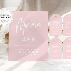 Blush Minimalist Mimosa Bar Sign and Tag Template, Printable Mimosa Sign | EDITABLE TEMPLATE #035