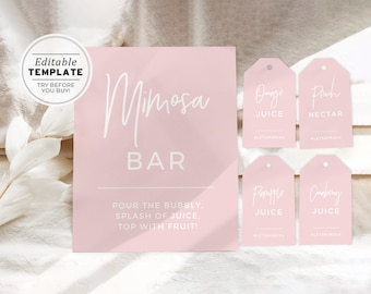 Blush Minimalist Mimosa Bar Sign and Tag Template, Printable Mimosa Sign | EDITABLE TEMPLATE #035