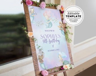 Coralia Mermaid Watercolor Birthday Welcome Sign, Mermaid Welcome Poster, Birthday Party Sign | PRINTABLE EDITABLE TEMPLATE #084