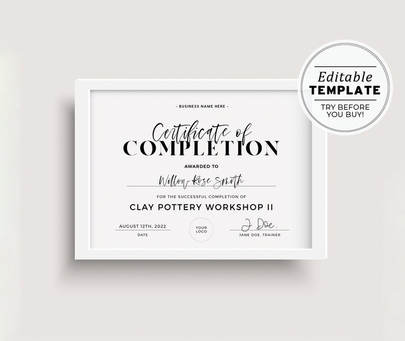 Minimalist Certificate of Completion, Certificate of Appreciation Printable EDITABLE TEMPLATE 055 043 image 3