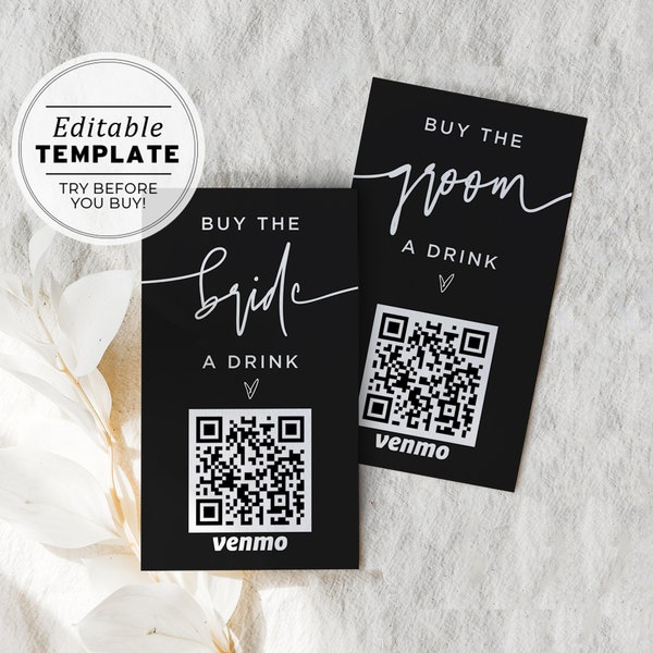 Buy the Bride a Drink, Buy the Groom a Drink Venmo Card, Paypal, QR Code, Cash App Card Template | EDITABLE TEMPLATE Willow #028