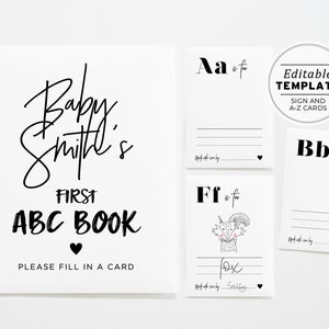 ABC Coloring Book Baby Shower Game, Baby Shower Activity, Alphabet Flash Cards First abc, Printable Editable Template #004 Juliette