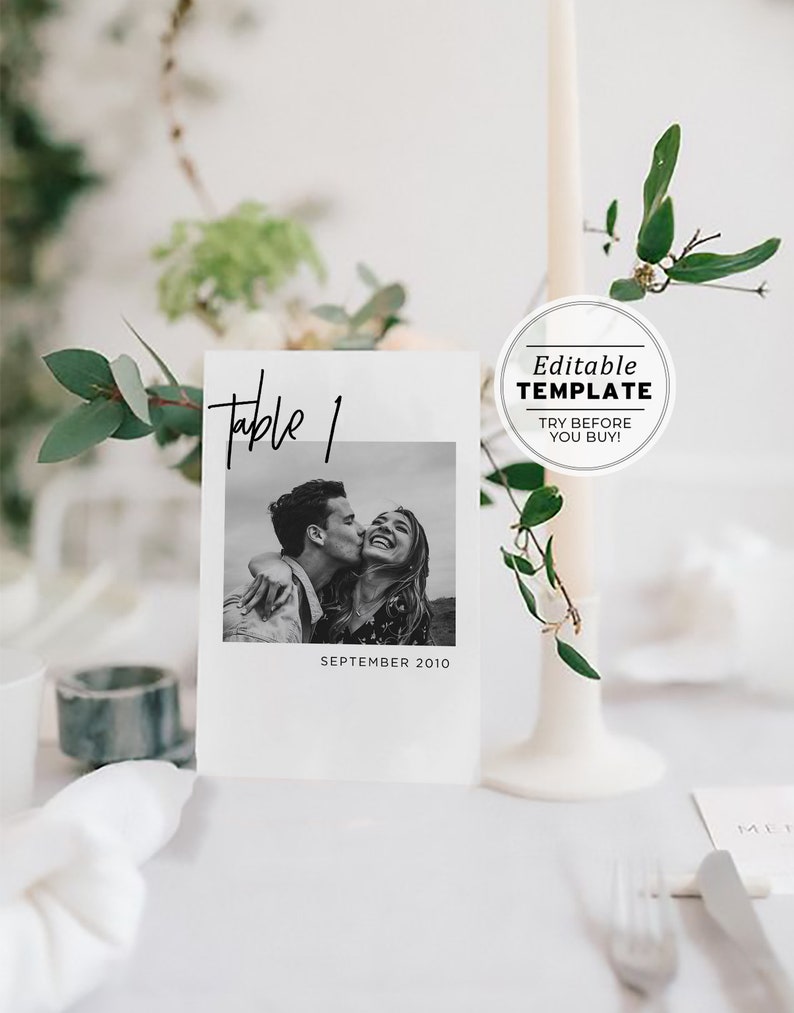 Juliette fotobordnummer, minimalistiska bröllopsbordnummer, bröllopsfotobordnummer, bildbordnummer, redigerbar mall #004 bild 1
