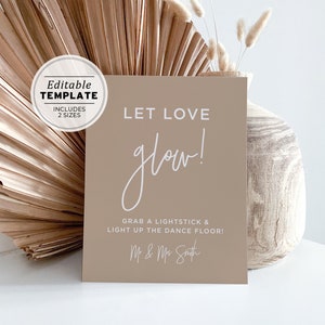 Nue Minimalist Let Love Glow Sign, Wedding Glow Stick Send Off Sign, Glow Stick Wedding Sign Template #038