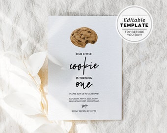 Minimalist Our Little Cookie 1st Birthday Party Invite Template | EDITABLE TEMPLATE
