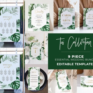 Tui Tropical Leaf & Gold Wedding Bundle Template, 9 piece set, Modern Wedding, Large Wedding Kit, Printable Wedding, Wedding DIY #042