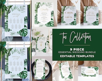 Tui Tropical Leaf & Gold Wedding Bundle Template, 9 piece set, Modern Wedding, Large Wedding Kit, Printable Wedding, Wedding DIY #042