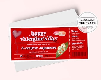 Printable Valentine's Day Gift Ticket Template, Japanese Dinner Date Gift Voucher, Valentines Day Coupon | EDITABLE TEMPLATE #082