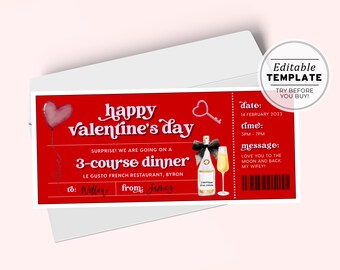 Printable Valentine's Day Gift Ticket Template, Dinner Date Gift Voucher, Valentines Day Coupon | EDITABLE TEMPLATE #082