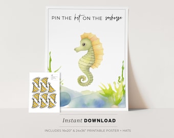 Kids Party Game, Pin the Hat on the Seahorse Printable Poster, Birthday Party Game, INSTANT DOWNLOAD