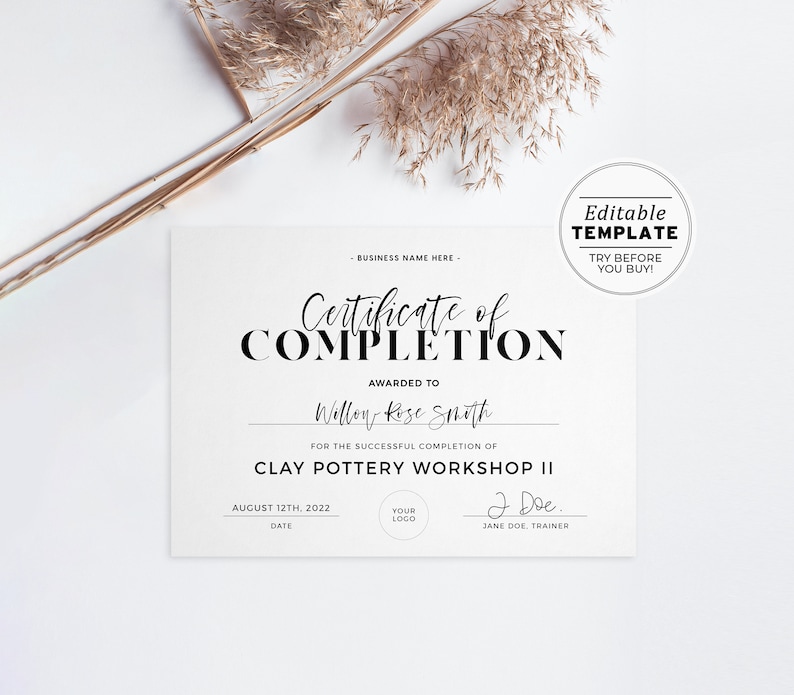 Minimalist Certificate of Completion, Certificate of Appreciation Printable EDITABLE TEMPLATE 055 043 image 5