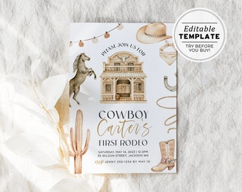 Cowboy Colt Watercolor Birthday Party Invite Template | EDITABLE TEMPLATE #087