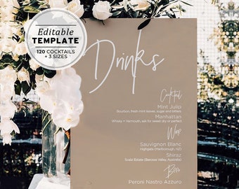 Nue Minimalist Large Drinks Menu, Bar Menu, Drinks Sign, Bar Sign, Printable Editable Template #038
