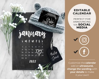 Pregnancy Announcement Digital, Social Media Due Date Calendar, Editable Template